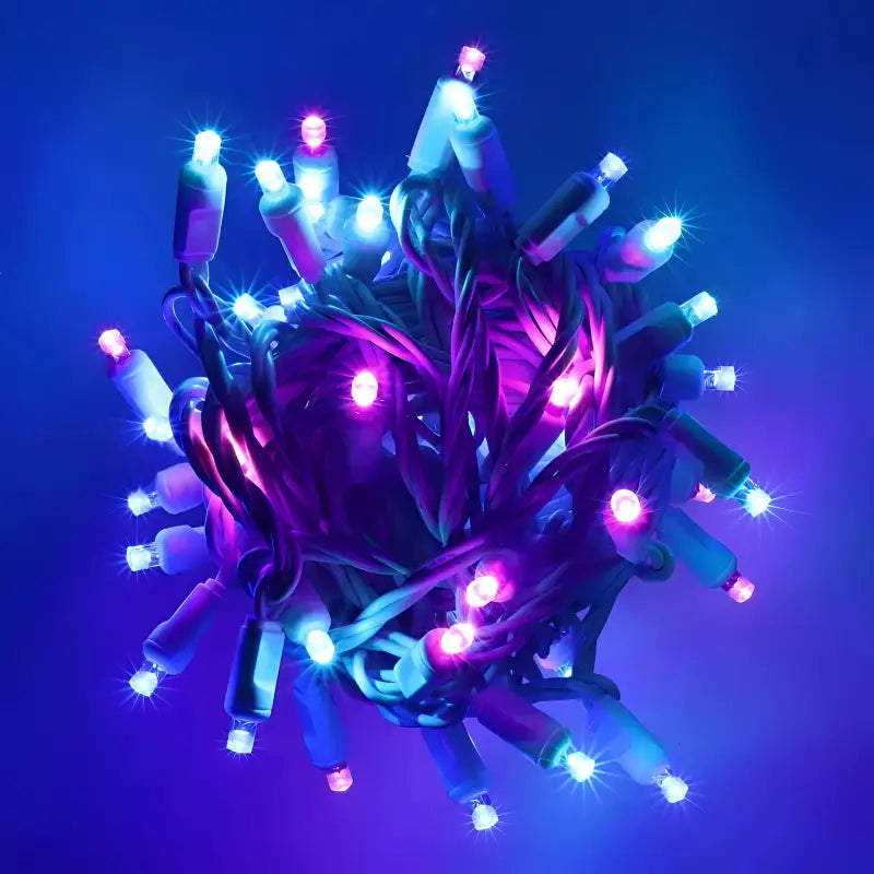 50 5mm ColorSplash Stardust Blue Purple Teal LED Christmas Lights 6’’ Spacing White Wire - Christmas Lights