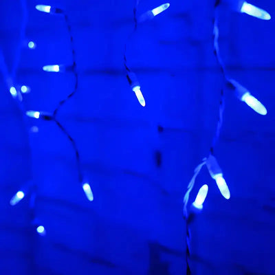 Blue 70-count M5 LED icicle Christmas lights on white wire