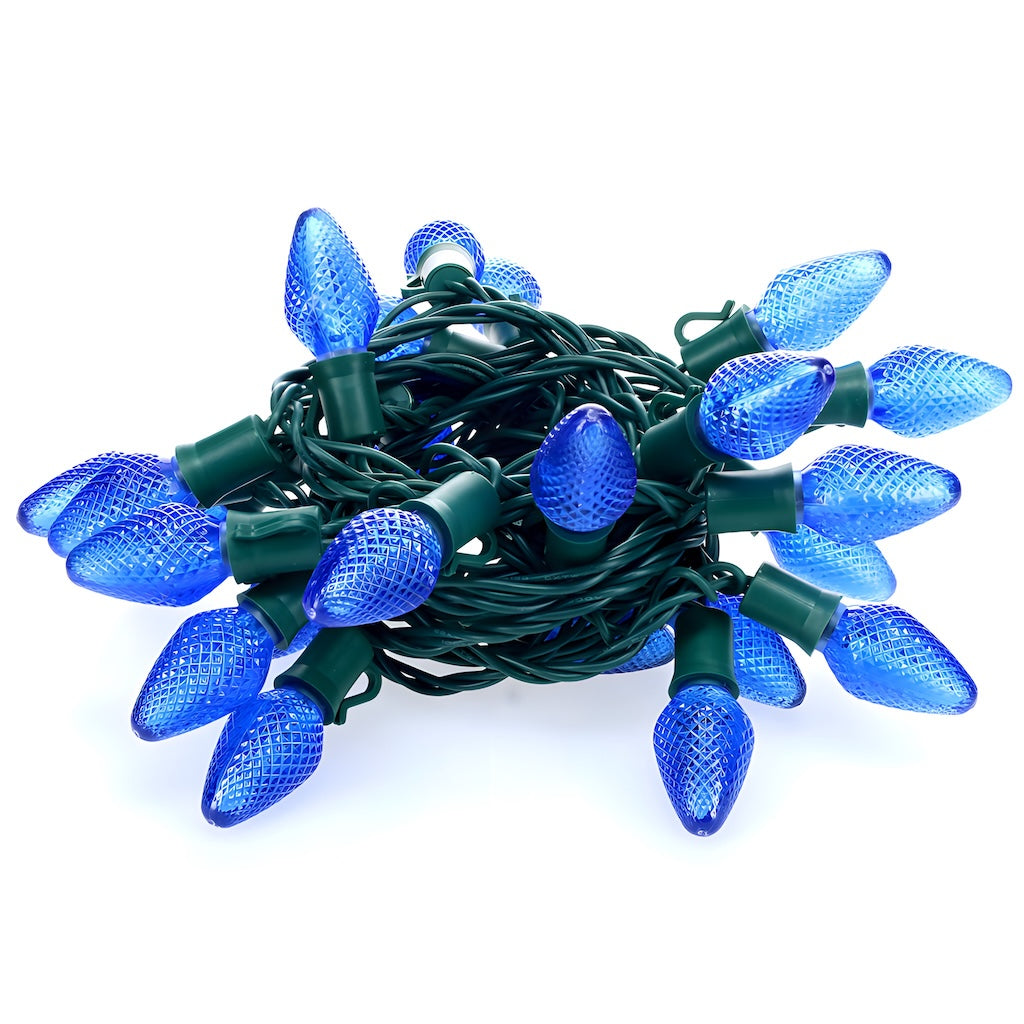 C7 Blue LED Christmas Light Bulb String Light Set Faceted 8’’ Spacing 25 Non Removable Bulbs - Christmas Lights