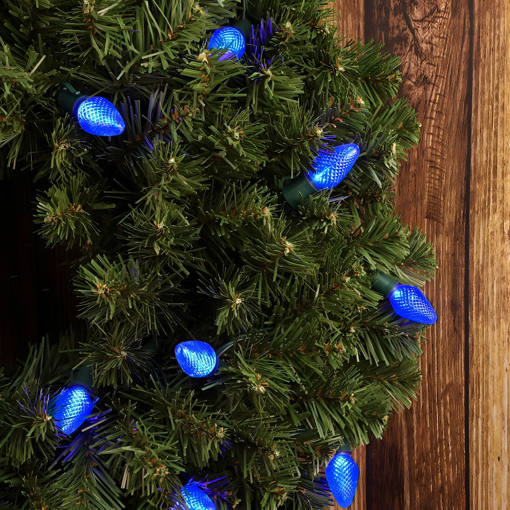 C7 Blue LED Christmas Light Bulb String Light Set Faceted 8’’ Spacing 25 Non Removable Bulbs - Christmas Lights