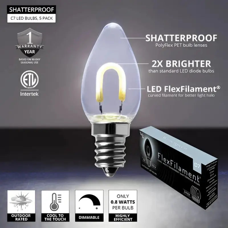 C7 Cool White Transparent Shatterproof LED Filament Vintage Christmas Light Bulb Pack of 5 - Christmas Lights