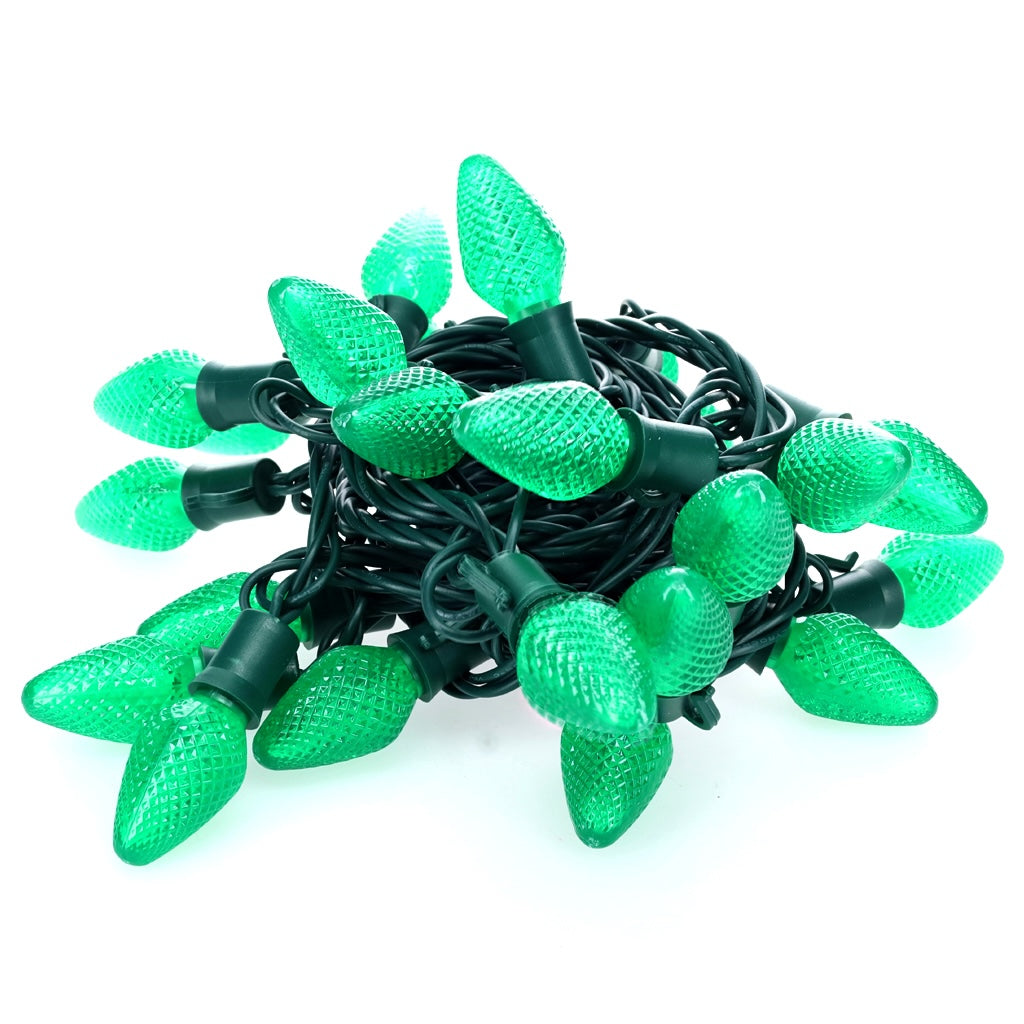 C7 Green LED Christmas Light Bulb String Light Set Faceted 8’’ Spacing 25 Non Removable Bulbs - Christmas Lights
