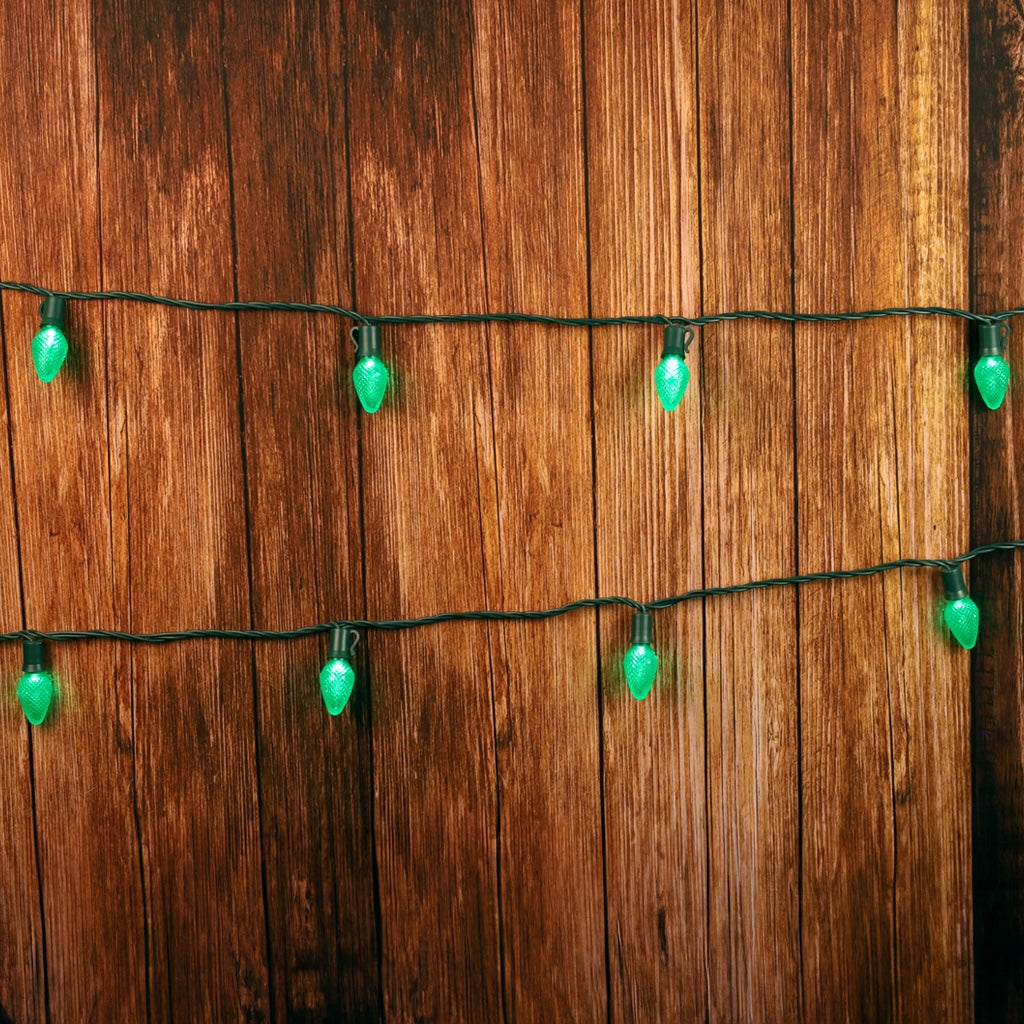 C7 Green LED Christmas Light Bulb String Light Set Faceted 8’’ Spacing 25 Non Removable Bulbs - Christmas Lights