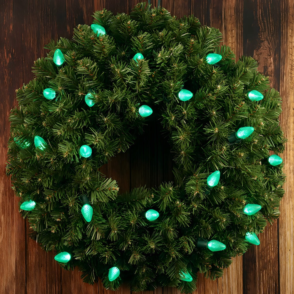 C7 Green LED Christmas Light Bulb String Light Set Faceted 8’’ Spacing 25 Non Removable Bulbs - Christmas Lights