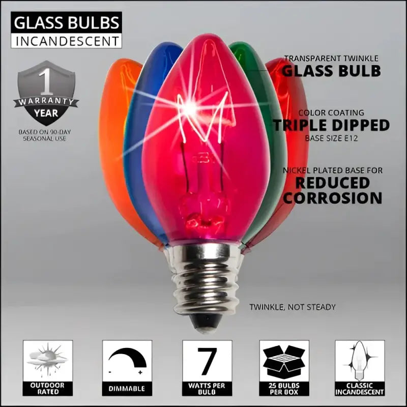 C7 Incandescent Christmas Light Bulbs Multicolor TWINKLE Transparent Pack of 25 - Christmas Lights