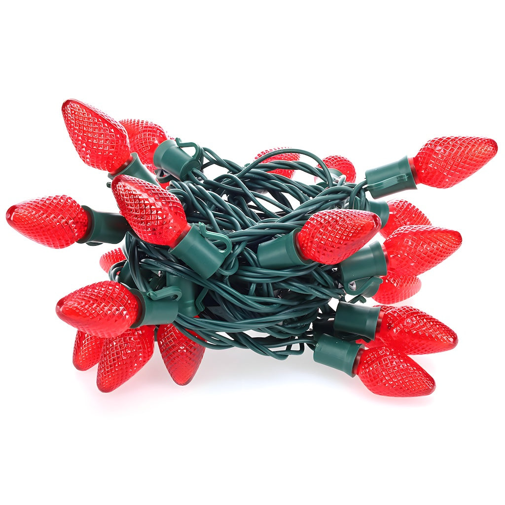C7 Red LED Christmas Light Bulb String Light Set Faceted 8’’ Spacing 25 Non Removable Bulbs - Christmas Lights