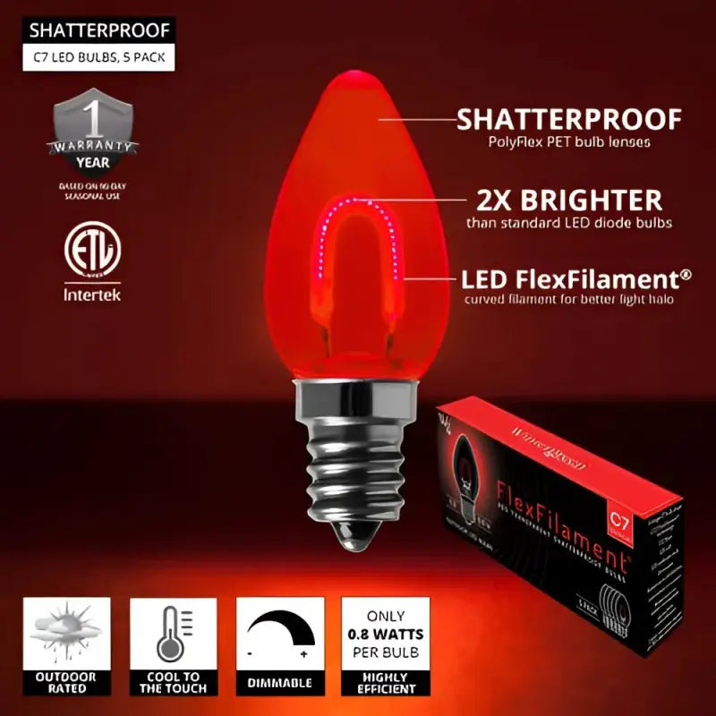 C7 Red Transparent Shatterproof LED Filament Vintage Christmas Light Bulb Pack of 5 - Christmas Lights