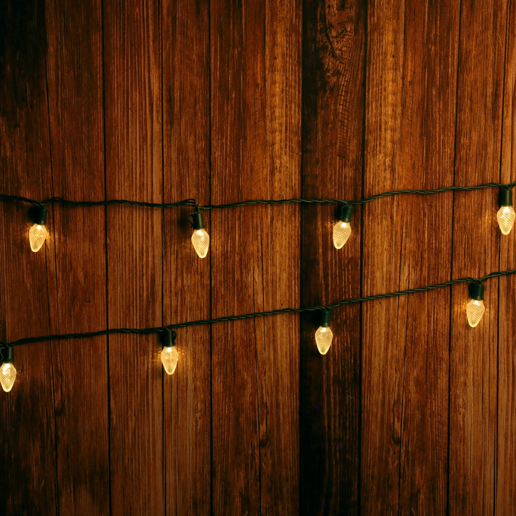 C7 Warm White LED Christmas Light Bulb String Light Set Faceted 8’’ Spacing 25 Non Removable Bulbs - Christmas Lights