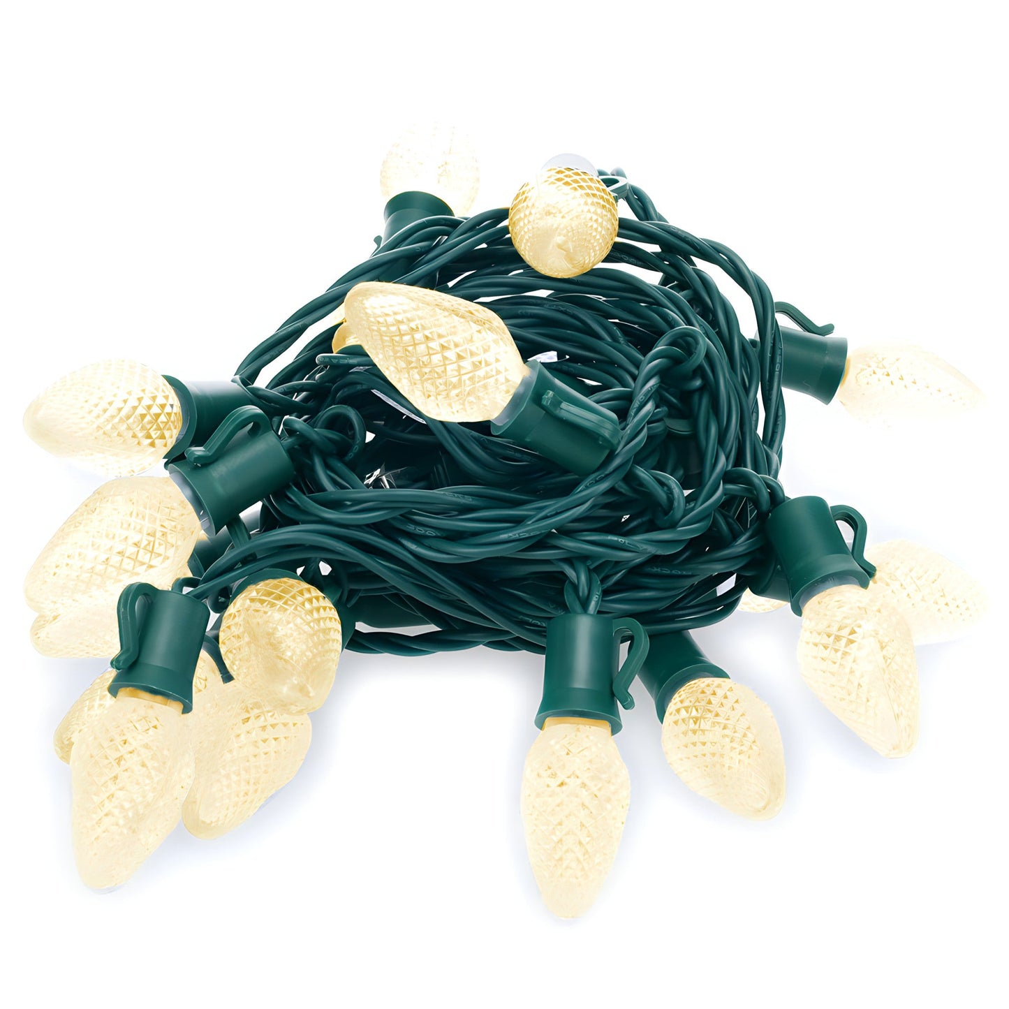 C7 Warm White LED Christmas Light Bulb String Light Set Faceted 8’’ Spacing 25 Non Removable Bulbs - Christmas Lights