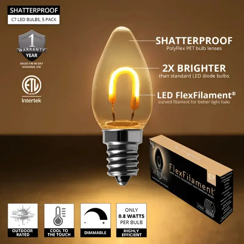 C7 Warm White Transparent Shatterproof LED Filament Vintage Christmas Light Bulb Pack of 5 - Christmas Lights