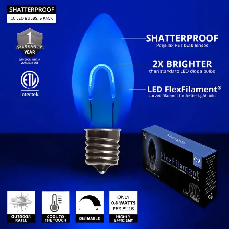 C9 Blue Transparent Shatterproof LED Filament Vintage Christmas Light Bulb Pack of 5 - Christmas Lights