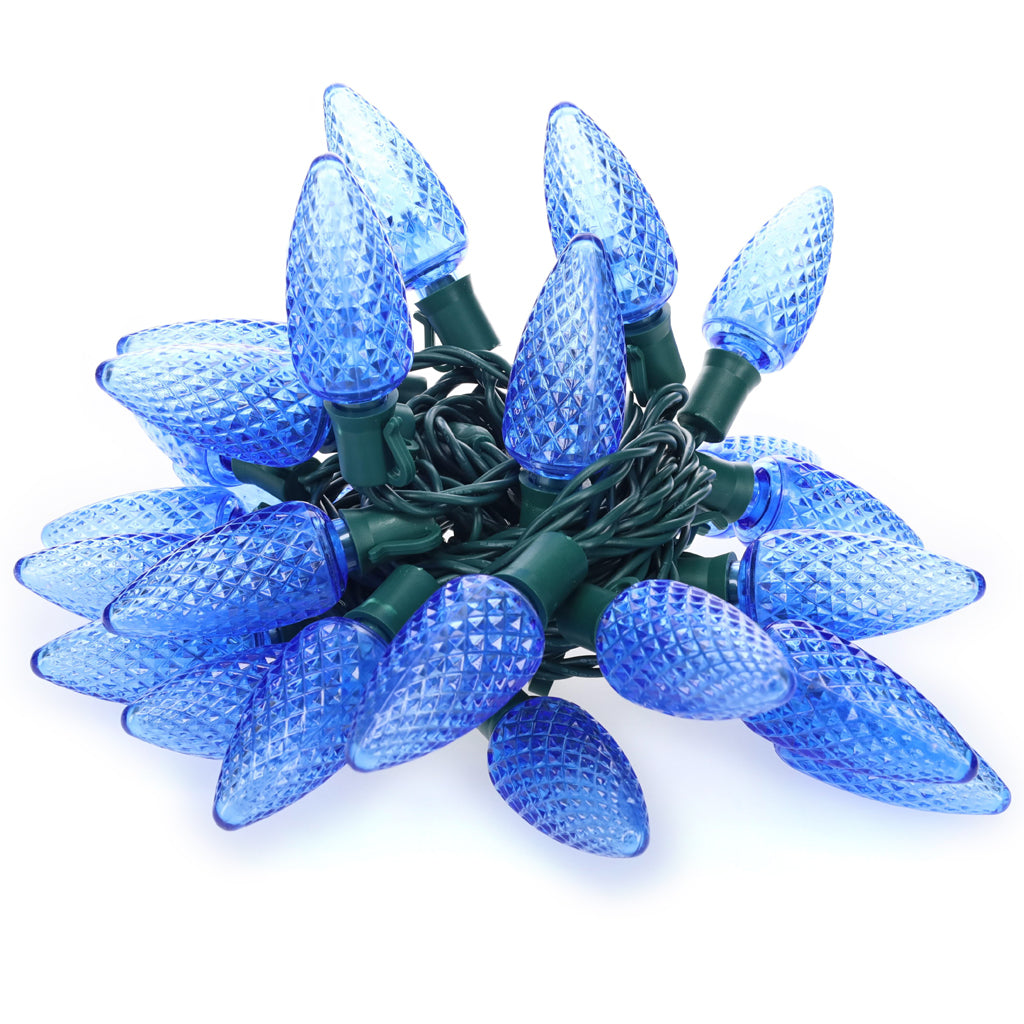 C9 Blue LED Christmas Light Bulb String Light Set Faceted 8’’ Spacing 25 Non Removable Bulbs - Christmas Lights