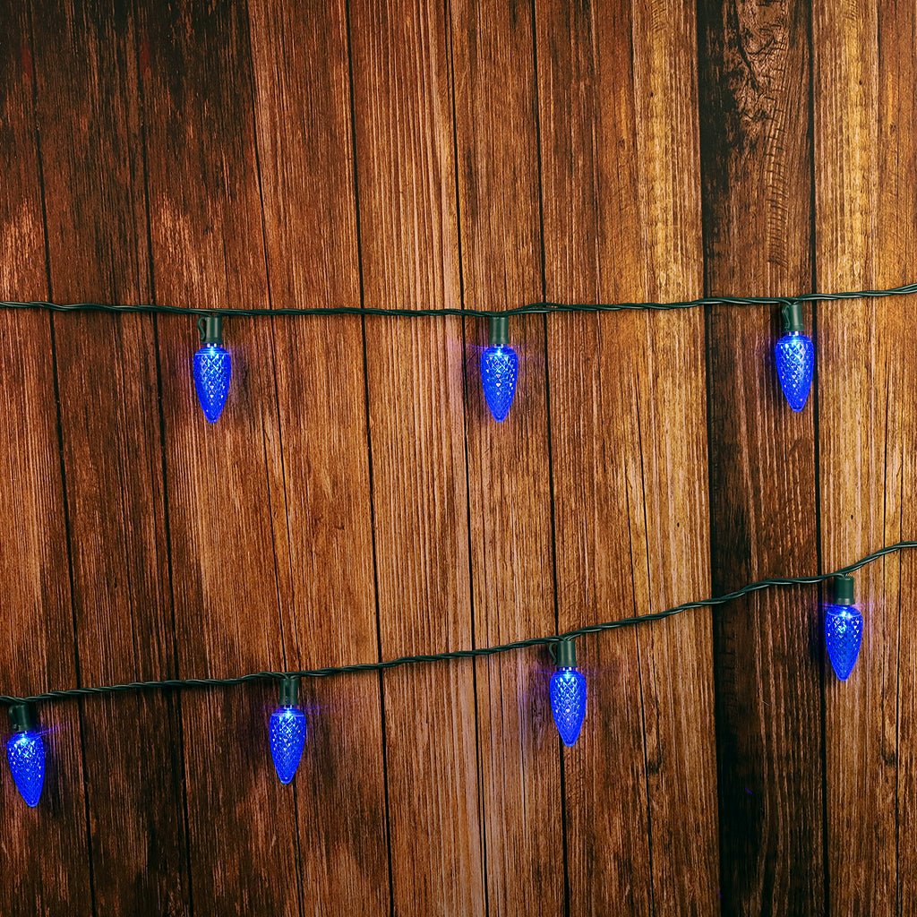 C9 Blue LED Christmas Light Bulb String Light Set Faceted 8’’ Spacing 25 Non Removable Bulbs - Christmas Lights