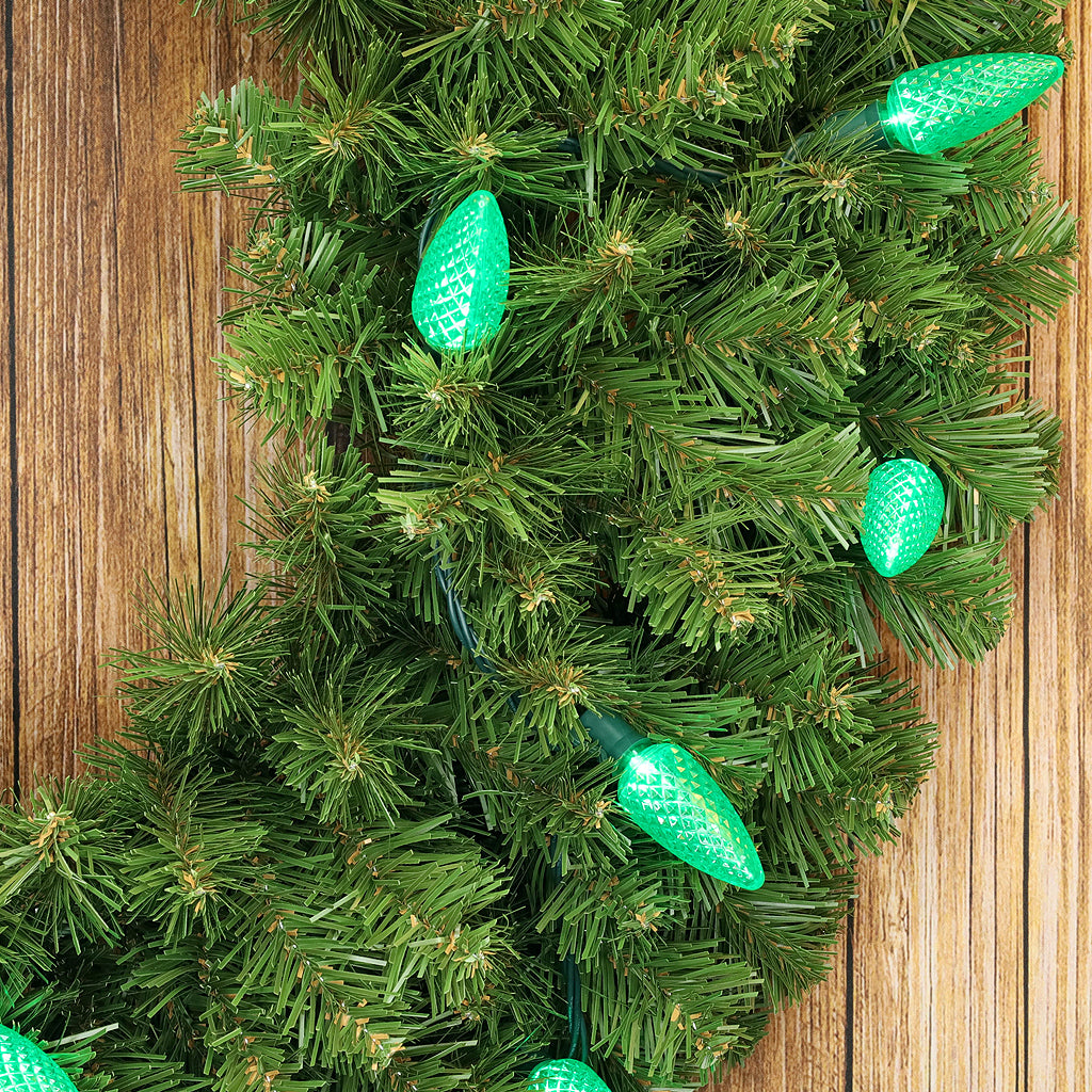 C9 Green LED Christmas Light Bulb String Light Set Faceted 8’’ Spacing 25 Non Removable Bulbs - Christmas Lights