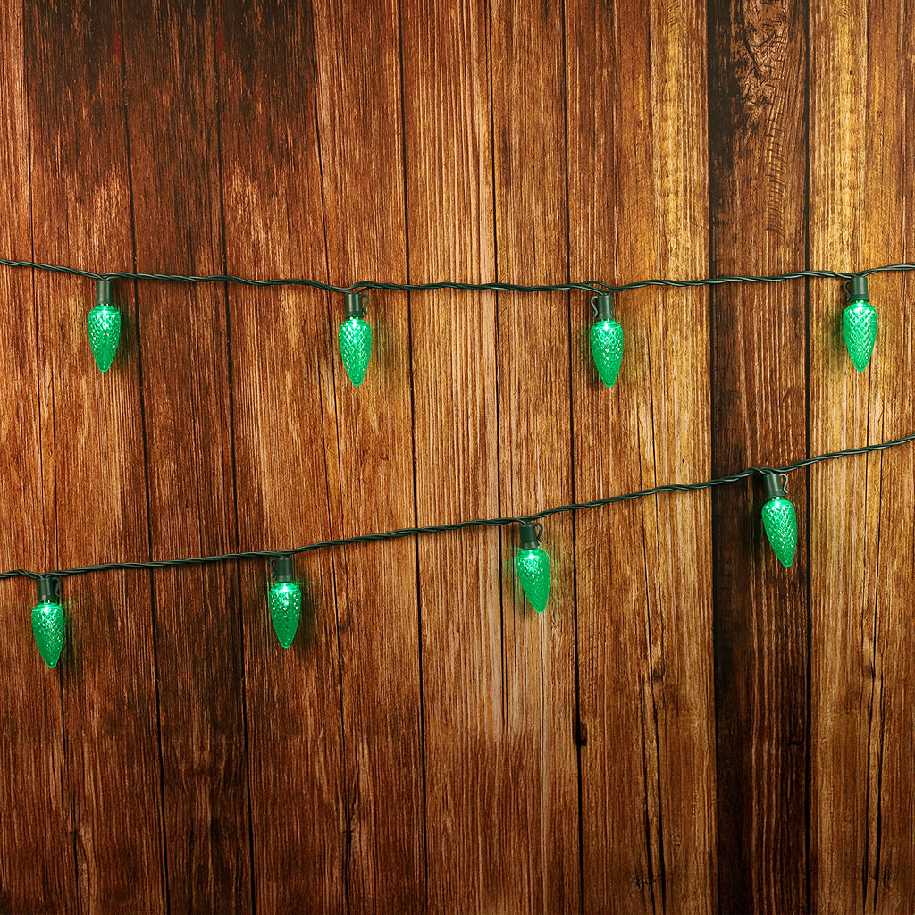 C9 Green LED Christmas Light Bulb String Light Set Faceted 8’’ Spacing 25 Non Removable Bulbs - Christmas Lights