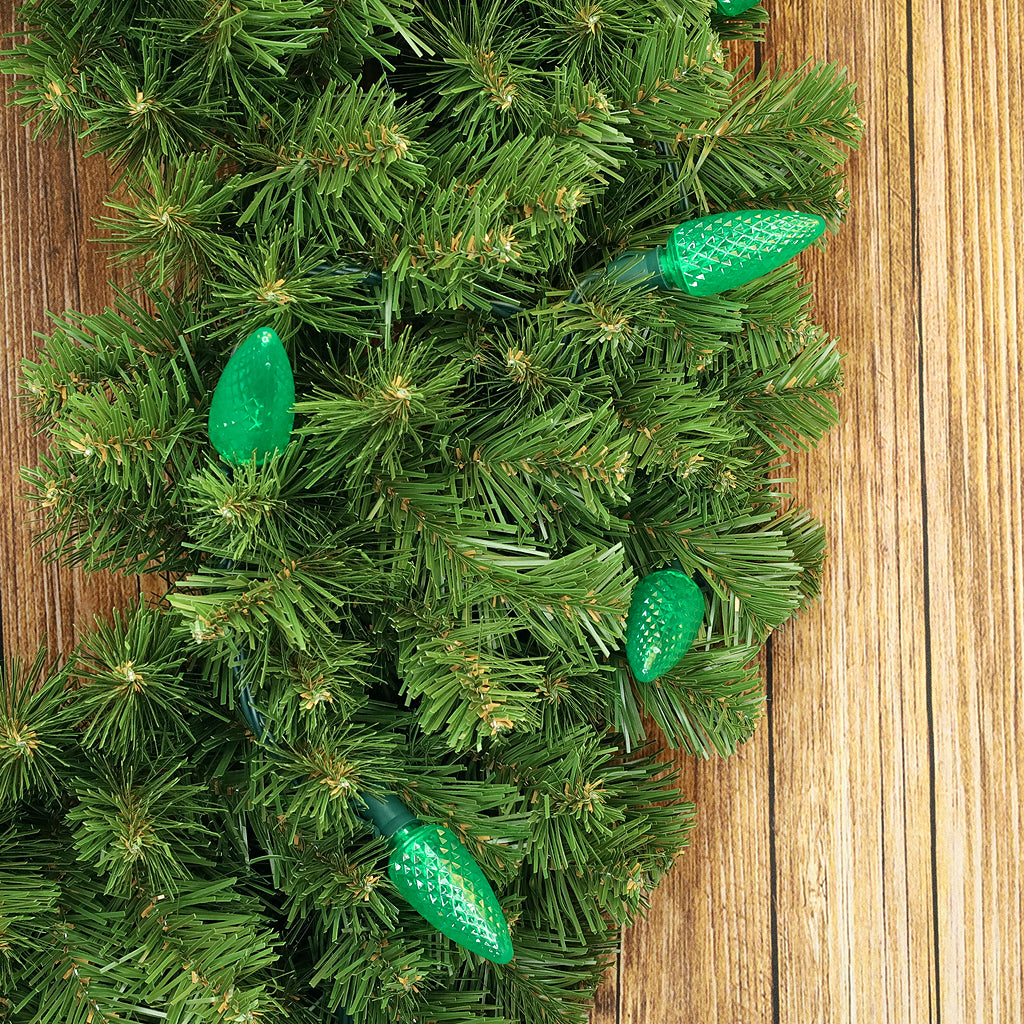 C9 Green LED Christmas Light Bulb String Light Set Faceted 8’’ Spacing 25 Non Removable Bulbs - Christmas Lights