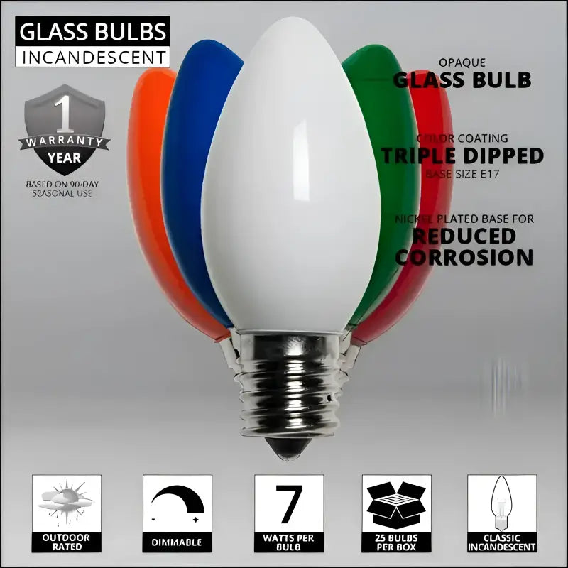 C9 Incandescent Christmas Light Bulbs Multicolor Opaque Pack of 25 - Christmas Lights