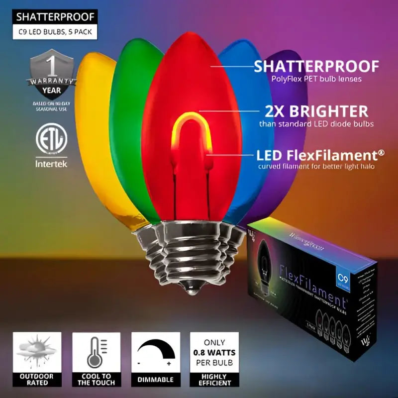 C9 Multicolor Transparent Shatterproof LED Filament Vintage Christmas Light Bulb Pack of 5 - Christmas Lights