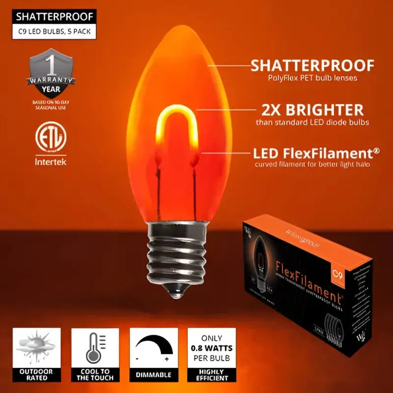 C9 Orange Transparent Shatterproof LED Filament Vintage Christmas Light Bulb Pack of 5 - Christmas Lights
