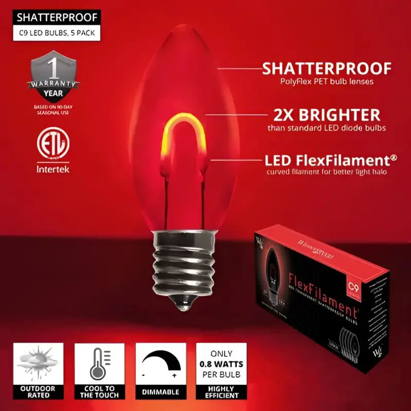C9 Red Transparent Shatterproof LED Filament Vintage Christmas Light Bulb Pack of 5 - Christmas Lights
