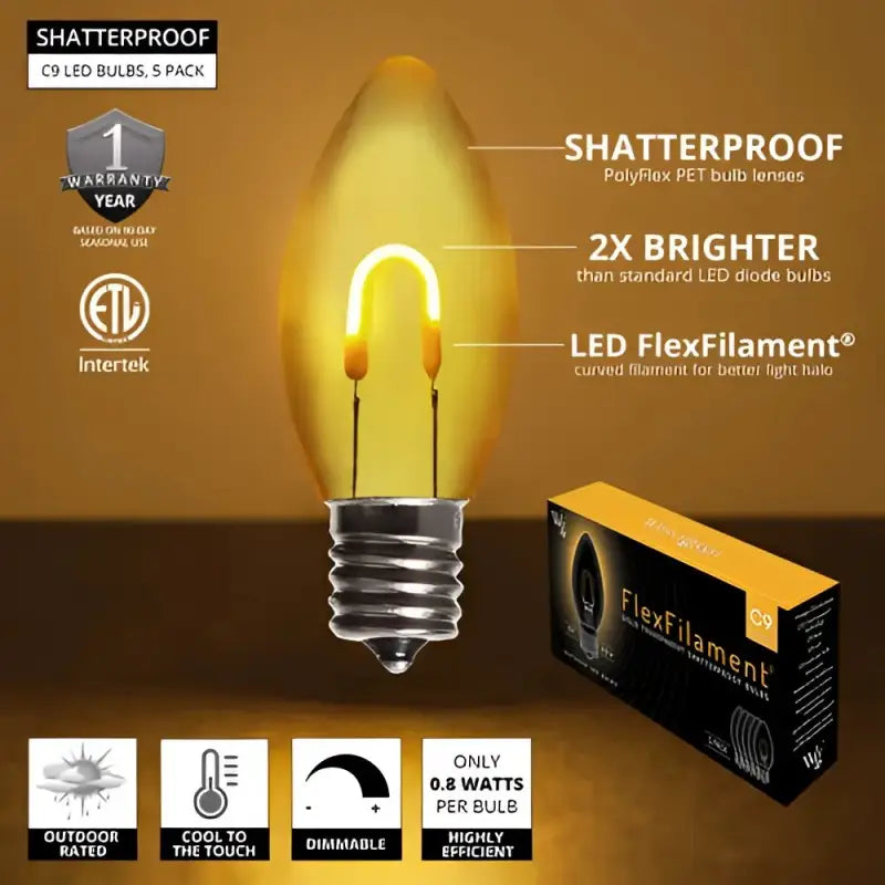 C9 Yellow/Gold Transparent Shatterproof LED Filament Vintage Christmas Light Bulb Pack of 5 - Christmas Lights