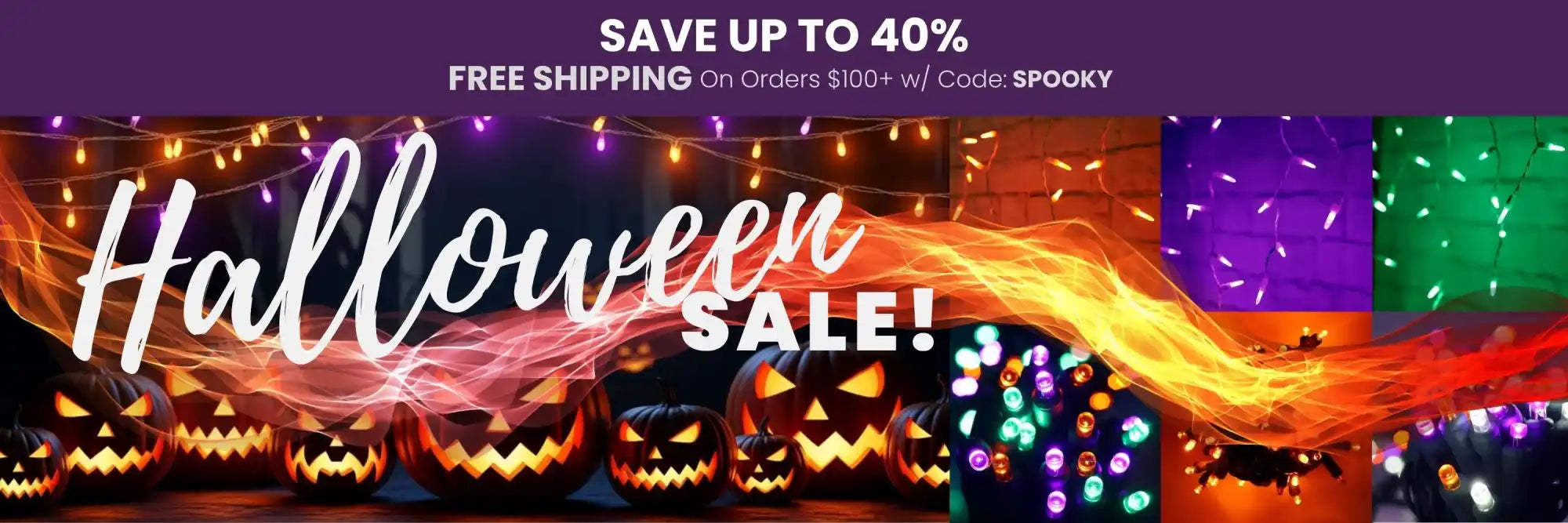 A festive Halloween banner featuring glowing jack-o’-lanterns and string lights.