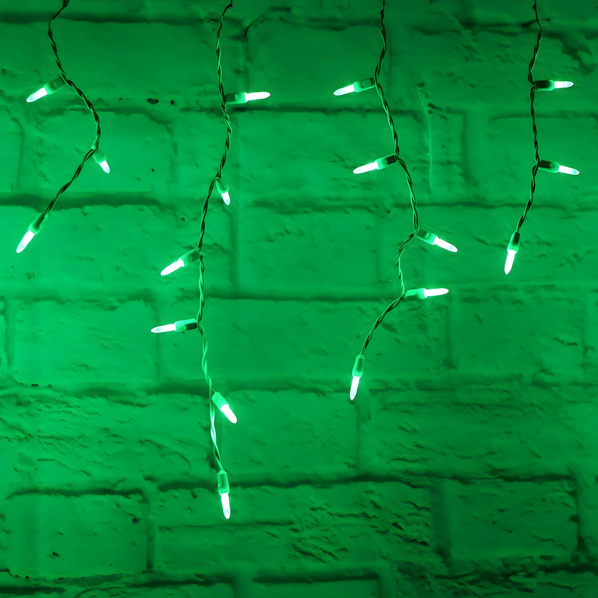 M5 Green LED Icicle Lights 70 Bulbs 7.5ft Long White Wire - Christmas Lights