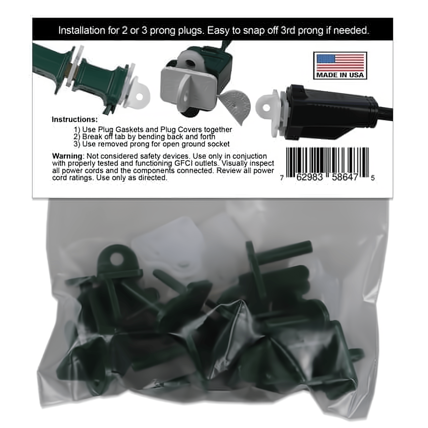 Weatherproof Electrical Plug Extension Cord Gaskets and Green Covers 10 Pack - Christmas Light Installation Accessories