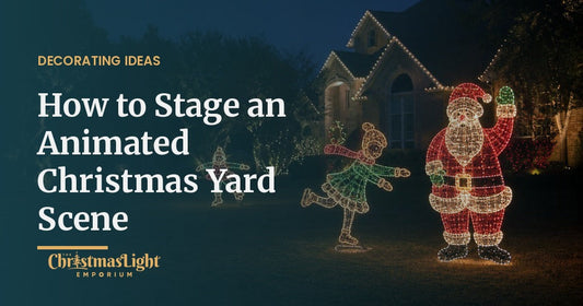 Lighted outdoor Christmas displays staged across a front lawn at night