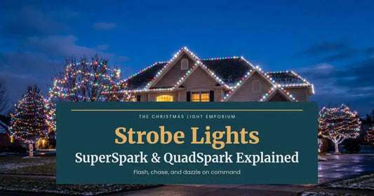 Home with cool white roofline lights and multicolor-wrapped trees at dusk. Branded title card from The Christmas Light Emporium reads: Strobe Lights — SuperSpark & QuadSpark Explained.