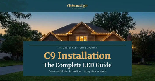 Ranch home with warm white C9 roofline lights at dusk. Branded title card from The Christmas Light Emporium reads: C9 Installation — The Complete LED Guide.