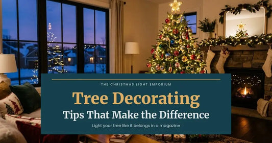 Living room with a decorated Christmas tree in warm white lights beside a fireplace and large windows. Branded title card from The Christmas Light Emporium reads: Tree Decorating — Tips That Make the Difference.