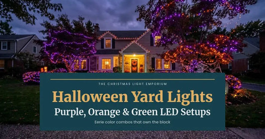 Home with trees and shrubs lit in purple, orange and green lights at dusk. Branded title card from The Christmas Light Emporium reads: Halloween Yard Lights — Purple, Orange & Green LED Setups.