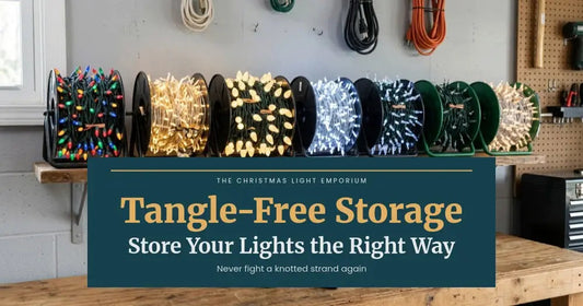 Row of storage reels holding multicolor, warm white and cool white light strings on a garage workbench. Branded title card from The Christmas Light Emporium reads: Tangle-Free Storage — Store Your Lights the Right Way.