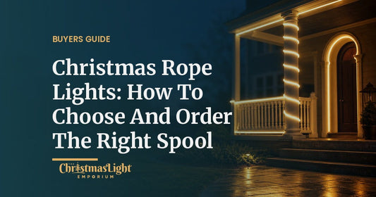 Warm white LED rope light running along a porch railing, spiraling up a column and outlining an arched front door at night