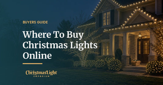 Buyers Guide: Where To Buy Christmas Lights Online, over a dusk photo of a two-story house outlined in warm white C9 Christmas lights