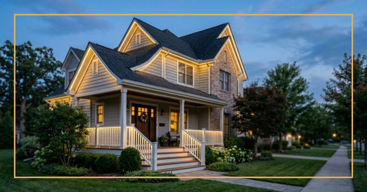 Suburban home at dusk with warm white LED lights safely installed along the roofline and porch railings in a clean, professional display