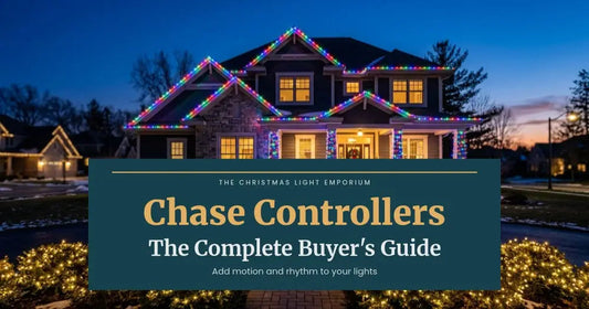 Home with multicolor roofline lights and lit shrubs at dusk. Branded title card from The Christmas Light Emporium reads: Chase Controllers — The Complete Buyer's Guide.