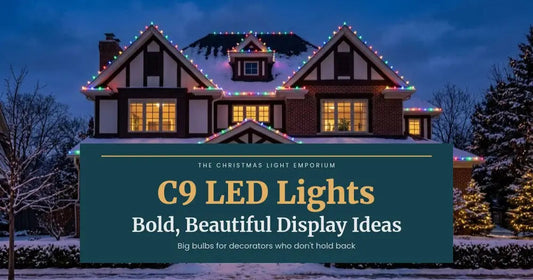 Tudor-style brick home with multicolor C9 roofline lights at dusk. Branded title card from The Christmas Light Emporium reads: C9 LED Lights — Bold, Beautiful Display Ideas.
