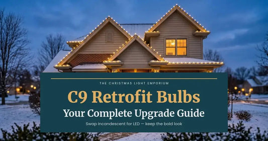 Snowy home with warm white C9 roofline lights and lit windows at dusk. Branded title card from The Christmas Light Emporium reads: C9 Retrofit Bulbs — Your Complete Upgrade Guide.