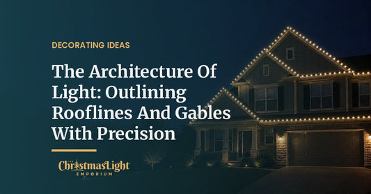 Two-story suburban home at dusk with warm white C9 LED Christmas lights outlining the roofline and a front gable in crisp, evenly spaced lines
