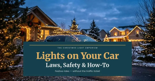 Car parked in a driveway outlined in warm white lights in front of a decorated home at dusk. Branded title card from The Christmas Light Emporium reads: Lights on Your Car — Laws, Safety & How-To.