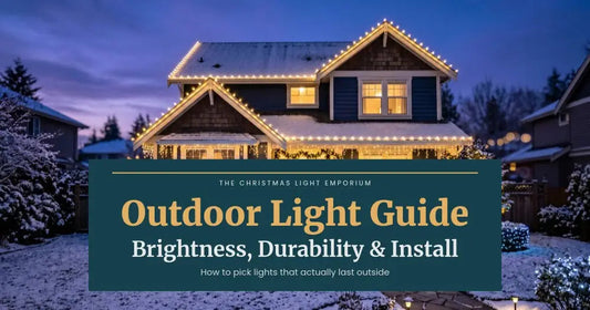 Snowy home with warm white roofline lights at dusk. Branded title card from The Christmas Light Emporium reads: Outdoor Light Guide — Brightness, Durability & Install.