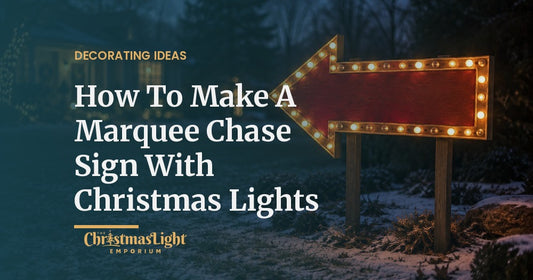A red wooden arrow-shaped sign outlined in warm white C9 bulbs standing in a snowy front yard at dusk, with a lit house in the background