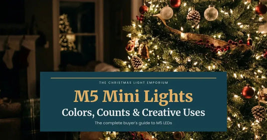 Close-up of an indoor Christmas tree with warm white mini lights and red and silver ornaments. Branded title card from The Christmas Light Emporium reads: M5 Mini Lights — Colors, Counts & Creative Uses.
