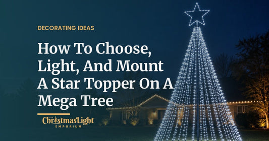 A tall cool white LED mega tree topped with a lit five-point star outline in a front yard at dusk, with a warm white lit single-story house in the background