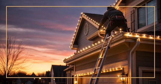 Residential roofline at twilight with neatly installed Christmas lights and ladder