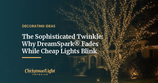 Front-yard tree wrapped in warm white LED lights at night with individual points of light glowing at different intensities