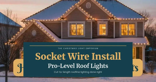 Home with warm white roofline lights and glowing windows at dusk. Branded title card from The Christmas Light Emporium reads: Socket Wire Install — Pro-Level Roof Lights.