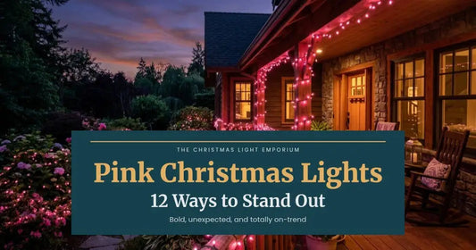 Log cabin porch outlined in pink lights with pink-lit shrubs at dusk. Branded title card from The Christmas Light Emporium reads: Pink Christmas Lights — 12 Ways to Stand Out.